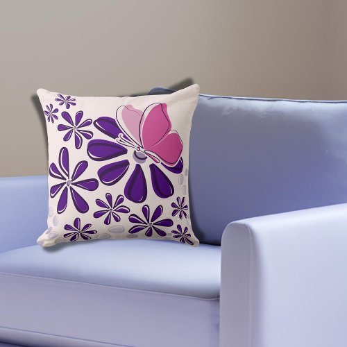 Abstract Butterfly and Blossom Pink and Purple Art Throw Pillow