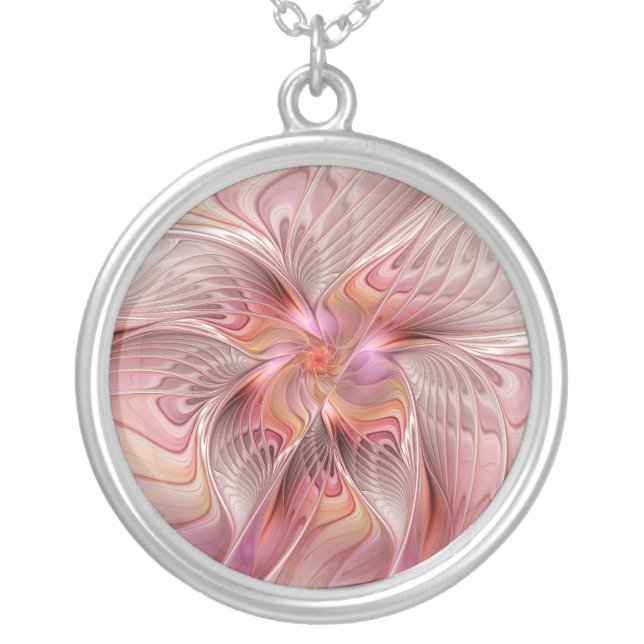 Abstract Butterfly Colorful Fantasy Fractal Art Silver Plated Necklace (Front)
