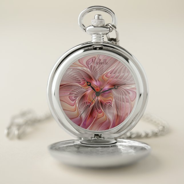 Abstract Butterfly Colorful Fantasy Fractal Name Pocket Watch (Inside)