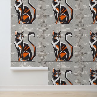 Abstract Calico Cat, Grunge Checkered Peel & Stick Wallpaper