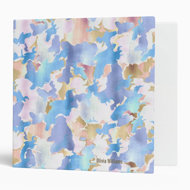 Abstract Camouflage Style Blue Pink Gold Design 3 Ring Binder (Front/Inside)