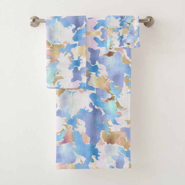 Abstract Camouflage Style Blue Pink Gold Design Bath Towel Set (Insitu)