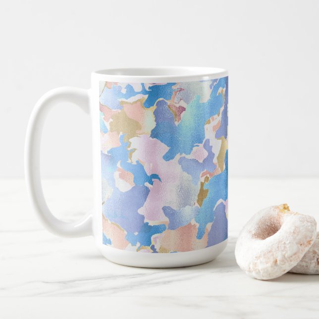 Abstract Camouflage Style Blue Pink Gold Design Coffee Mug (With Donut)