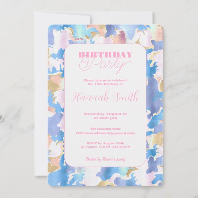 Abstract Camouflage Style Blue Pink Gold Design Invitation (Front)