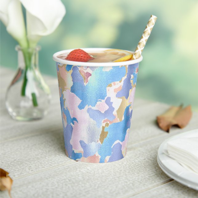 Abstract Camouflage Style Blue Pink Gold Design Paper Cups (Insitu)