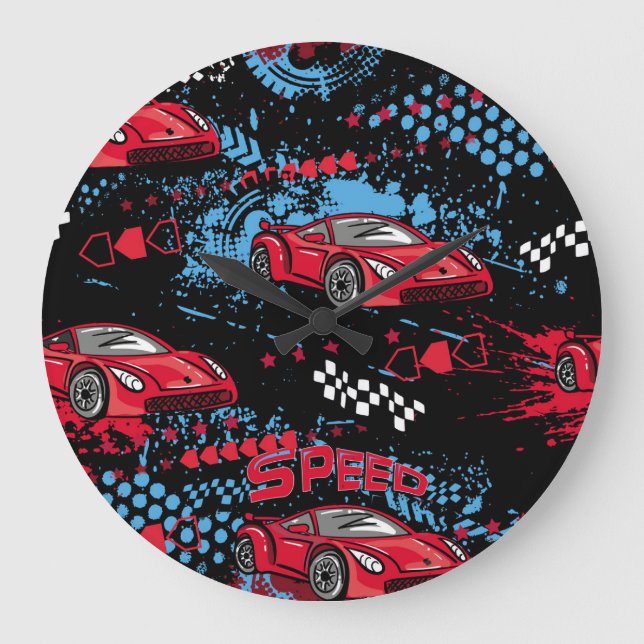 Abstract cars, grunge childish pattern. large clock (Front)