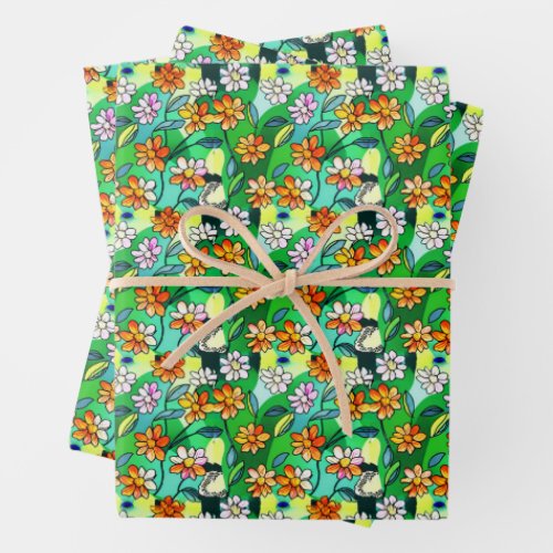 Abstract Cartoon Flowers on Green Wrapping Paper Sheets