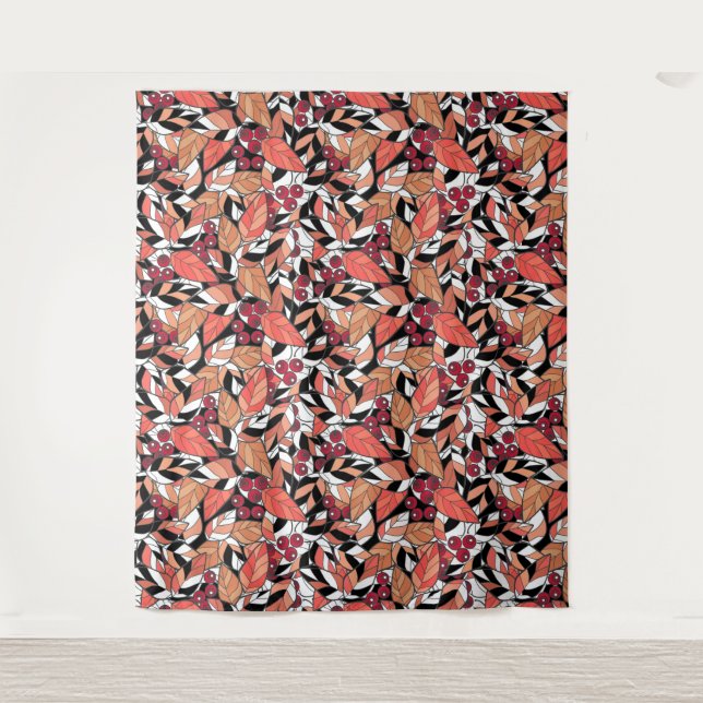 Abstract cartoon leaves berries black tapestry (Front)