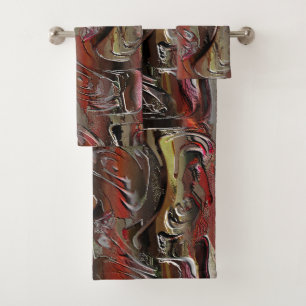 Abstract carved in mahogany and dark red bath towel set