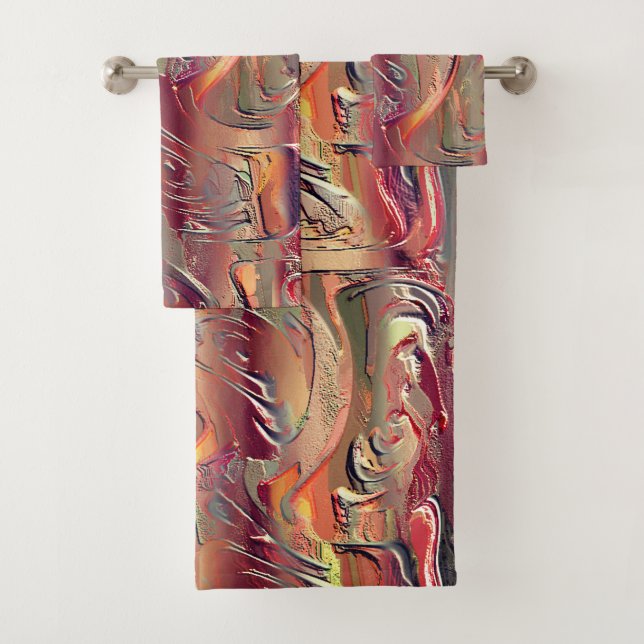 Abstract carved in salmon and red gradient bath towel set (Insitu)