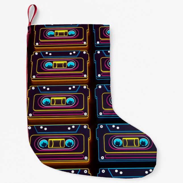 Abstract Cassette tape neon retro music of backgro Small Christmas Stocking (Front)