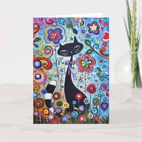Abstract Cat and Floral Elegant Modern Blank Card