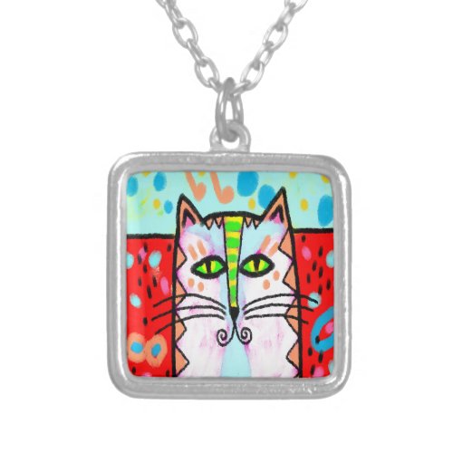Abstract Cat Art to Wear Silver Plated Necklace
