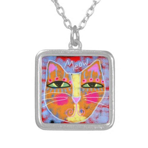Abstract Cat Face Wearable Art Silver Plated Necklace
