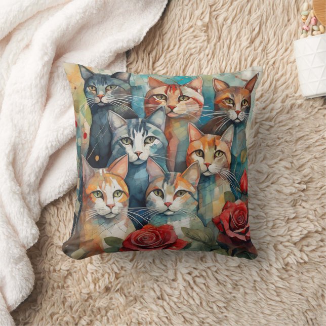 Abstract Cat Lovers Decor Grandma Mother Daughter Throw Pillow (Blanket)