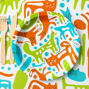 Abstract Cat Pattern Whimsical Modern Pet Art  Paper Plates