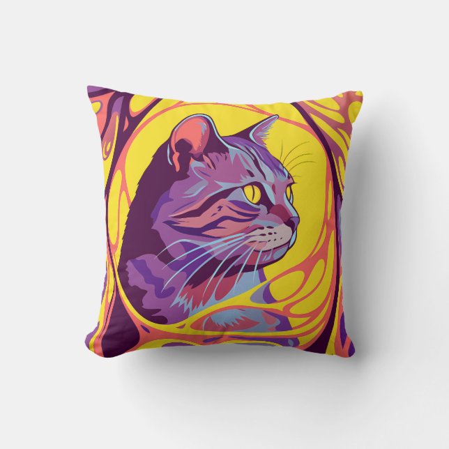 Abstract Cat: Pop Art Psychedelic Swirl Throw Pillow (Front)
