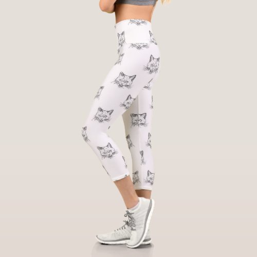 Abstract Cat Portrait Sketch Black White Design Capri Leggings