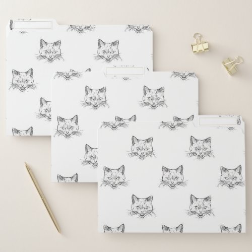 Abstract Cat Portrait Sketch Black White Design File Folder