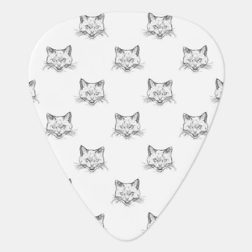 Abstract Cat Portrait Sketch Black White Design Guitar Pick