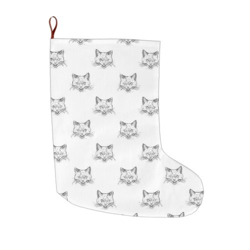 Abstract Cat Portrait Sketch Black White Design Large Christmas Stocking