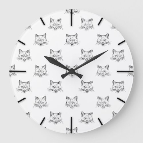 Abstract Cat Portrait Sketch Black White Design Large Clock