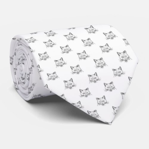 Abstract Cat Portrait Sketch Black White Design Neck Tie