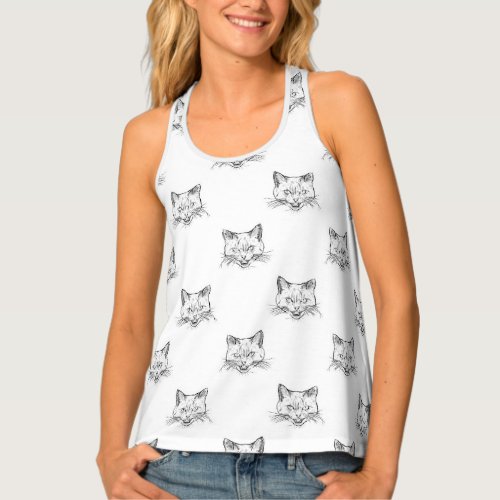 Abstract Cat Portrait Sketch Black White Design Tank Top