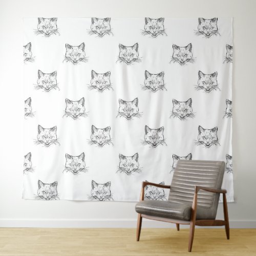 Abstract Cat Portrait Sketch Black White Design Tapestry