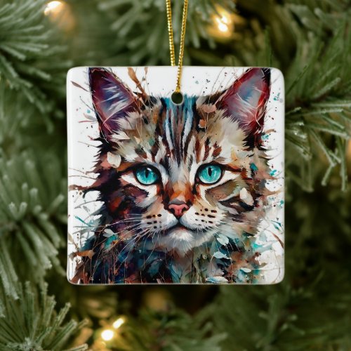 Abstract Cat Spatter Art  Ceramic Ornament