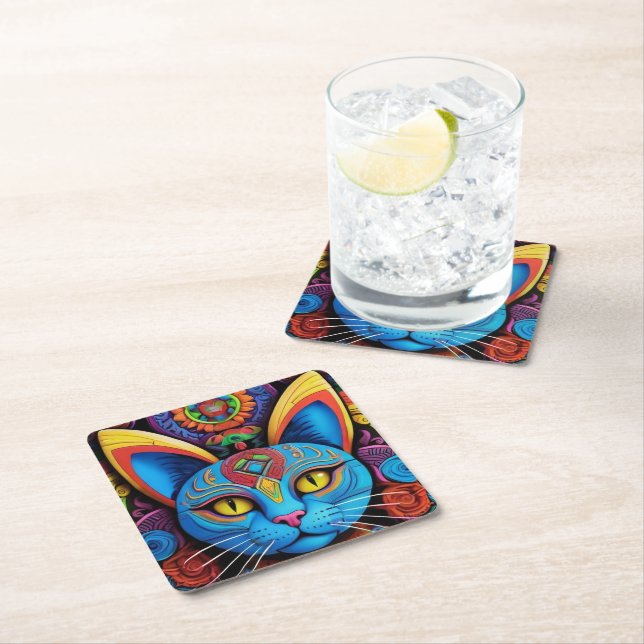 Abstract Cat with Yellow Eyes  Square Paper Coaster (Insitu)