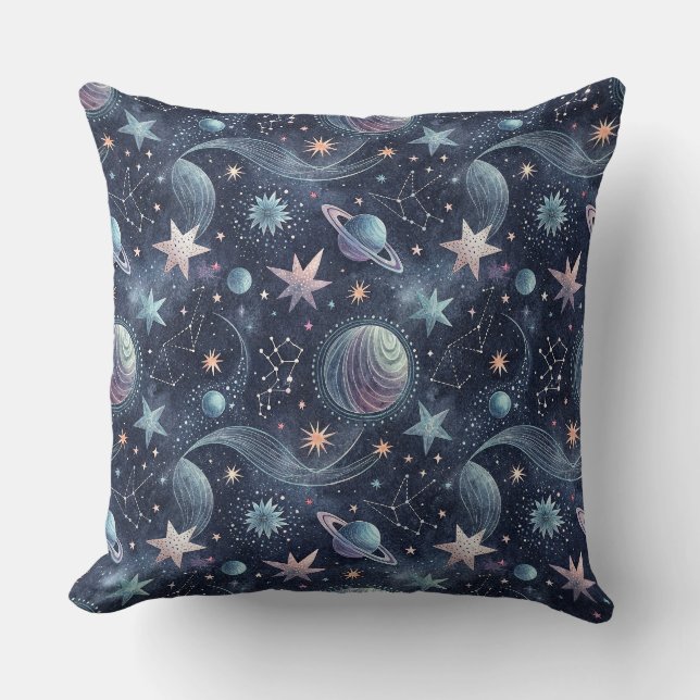 Abstract Celestial Planets & Stars Space Pattern Throw Pillow (Front)