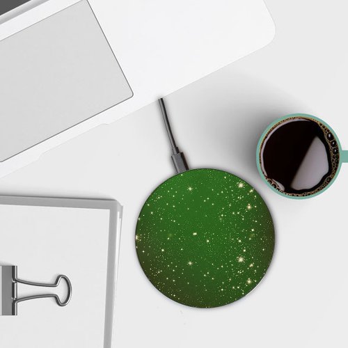 Abstract Celestial Sky Design Gold Stars on Green Wireless Charger