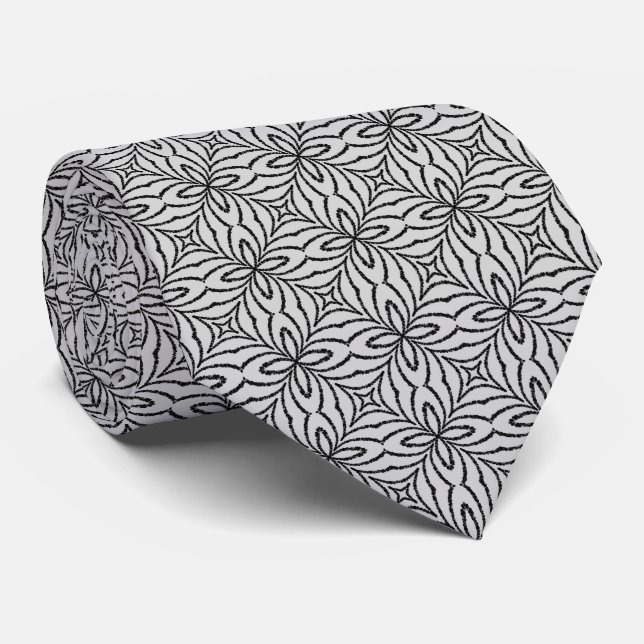 Abstract Chained Web Black On Gray Repeat Pattern Neck Tie (Rolled)