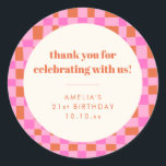 Abstract Checker Pink Custom 21st Birthday Thanks Classic Round Sticker<br><div class="desc">Abstract Checkered Art Pink Orange Custom 21st Birthday Thank You Classic Round Sticker</div>