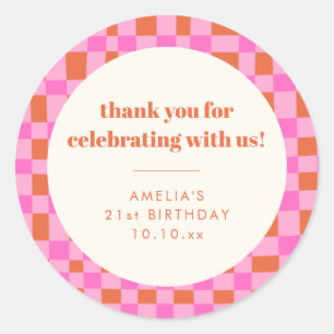 Abstract Checker Pink Custom 21st Birthday Thanks Classic Round Sticker