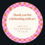 Abstract Checker Pink Custom 21st Birthday Thanks Classic Round Sticker<br><div class="desc">Abstract Checkered Art Pink Orange Custom 21st Birthday Thank You Classic Round Sticker</div>