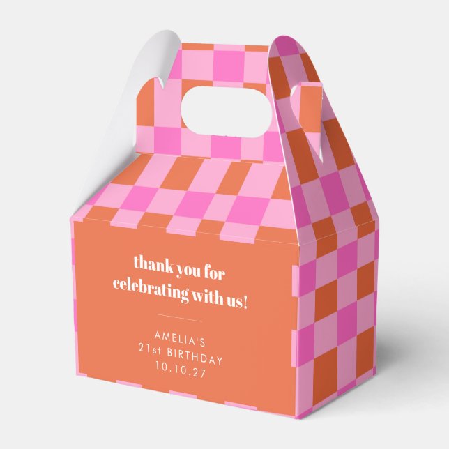 Abstract Checker Pink Custom 21st Birthday Thanks Favor Boxes (Front Side)