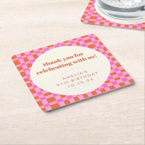 Abstract Checker Pink Custom 21st Birthday Thanks Square Paper Coaster