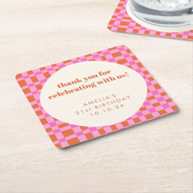 Abstract Checker Pink Custom 21st Birthday Thanks Square Paper Coaster (Angled)