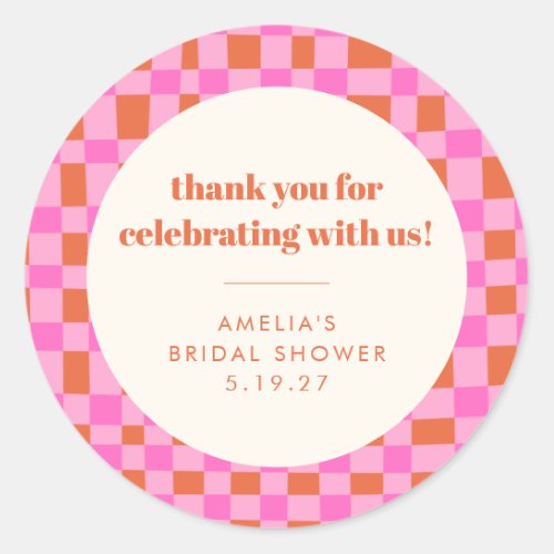Abstract Checker Pink Custom Bridal Shower Thank Classic Round Sticker