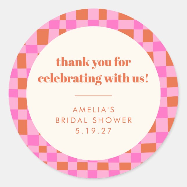 Abstract Checker Pink Custom Bridal Shower Thank Classic Round Sticker (Front)