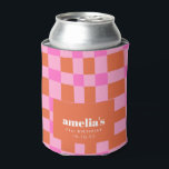 Abstract Checker Pink Orange Custom 21st Birthday Can Cooler<br><div class="desc">Abstract Checkered Art Pink Orange Custom  21st Birthday Can Cooler</div>