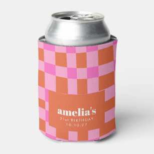 Abstract Checker Pink Orange Custom 21st Birthday Can Cooler