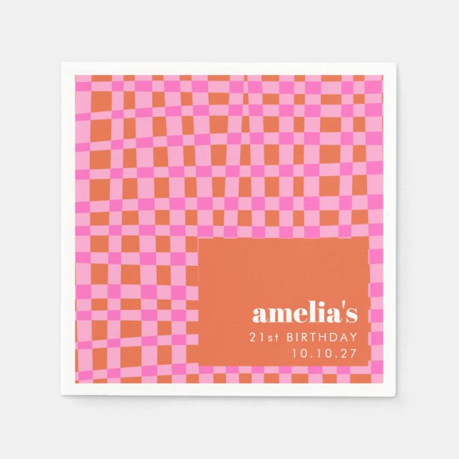 Abstract Checker Pink Orange Custom 21st Birthday Napkins (Front)