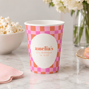 Abstract Checker Pink Orange Custom 21st Birthday Paper Cups