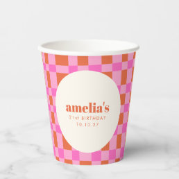 Abstract Checker Pink Orange Custom  21st Birthday Paper Cups