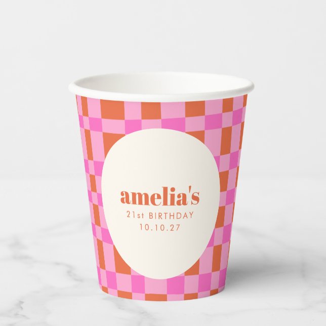 Abstract Checker Pink Orange Custom  21st Birthday Paper Cups (Front)