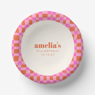 Abstract Checker Pink Orange Custom  21st Birthday Paper Bowls