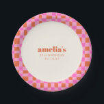 Abstract Checker Pink Orange Custom  21st Birthday Paper Plates<br><div class="desc">Abstract Checkered Art Pink Orange Custom Bridal Shower Paper Plates</div>
